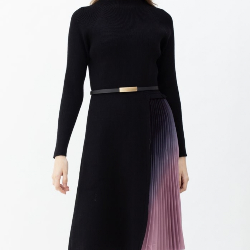CHICWISH GRADIENT PLEATED SPLICING BELTED KNIT DRESS IN BLACK MEDIUM